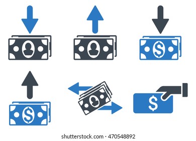 Pay Banknotes vector icons. Icon style is bicolor smooth blue flat symbols with rounded angles on a white background.