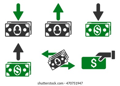 Pay Banknotes vector icons. Pictogram style is bicolor green and gray flat icons with rounded angles on a white background.
