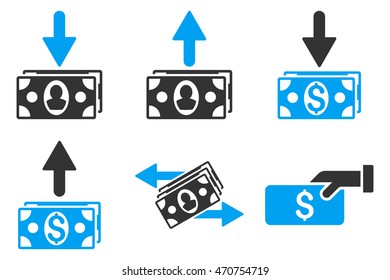 Pay Banknotes vector icons. Pictogram style is bicolor blue and gray flat icons with rounded angles on a white background.
