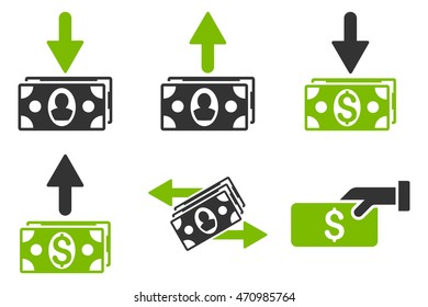Pay Banknotes vector icons. Pictogram style is bicolor eco green and gray flat icons with rounded angles on a white background.