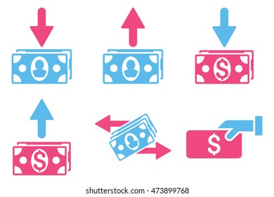 Pay Banknotes vector icons. Pictogram style is bicolor pink and blue flat icons with rounded angles on a white background.