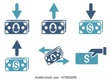 Pay Banknotes vector icons. Pictogram style is bicolor cyan and blue flat icons with rounded angles on a white background.