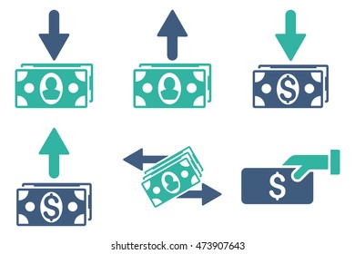 Pay Banknotes vector icons. Pictogram style is bicolor cobalt and cyan flat icons with rounded angles on a white background.