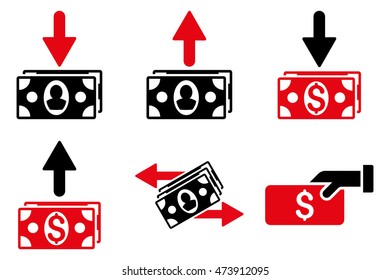 Pay Banknotes vector icons. Pictogram style is bicolor intensive red and black flat icons with rounded angles on a white background.