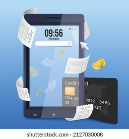 Pagar factura con aplicación móvil a través de tarjeta de crédito y débito. Pago de factura en línea sin ir al banco. Compras en línea con recibo de pago En el móvil. Transferencia de dinero por teléfono a través de una cartera en línea sin cargo.