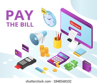Pay bill payments for credit, rent online icons set isolated vector illustration. Mobile banking, bank online technology, credit cards and nfc, internet accounts paying methods. Business in internet.