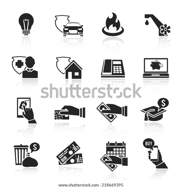 Pay bill taxes payment deposit icons black\
set isolated vector\
illustration