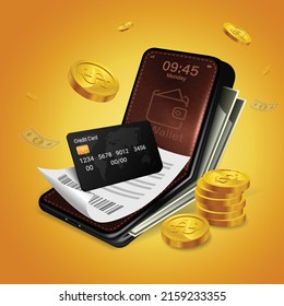 Pay bills and credit cards on your smartphone.mobile wallet application concept.Bills and credit cards are on mobile with coins around.online payment concept bill payment online wallet.vector