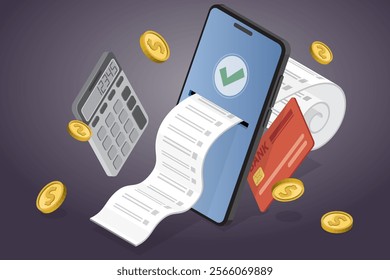 Pay bills with mobile phone. Concept of mobile payment, shopping, banking. Flat isometric vector illustration