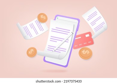 Pay bills with mobile phone. Online shopping via smartphone. Bill of expenses is on mobile phone. Online shopping spending. 3d vector illustration.