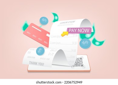 Pay bills with mobile phone. Online shopping via smartphone. Bill of expenses is on mobile phone. Online shopping spending. Concept of bill payment online. 3d vector illustration.