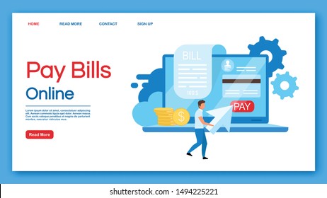 Pay bills online landing page vector template. Credit card transaction website interface idea with flat illustrations. E payment homepage layout. Online invoice web banner, webpage cartoon concept