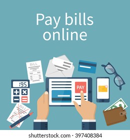 Pay Bills Online. Online Payment Concept. Flat Design Style Vector Illustration. Credit Card, Digital Tablet, Bill. Man Pays The Bills On The Internet.