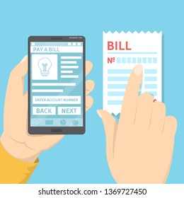 Pay bills online using smartphone concept. Mobile payment process. Paper receipt. Mobile phone screen. Vector illustration in cartoon style