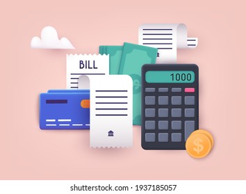 Pay bills and tax. Bills, credit cards and calculator. Home finance and taxes. Payments concept. 3D Web Vector Illustrations. 