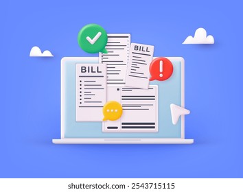 Pagar contas e impostos no computador. Pagamento de serviços de utilidade pública, banco, restaurante e outros. Ilustrações de vetor da Web 3D.