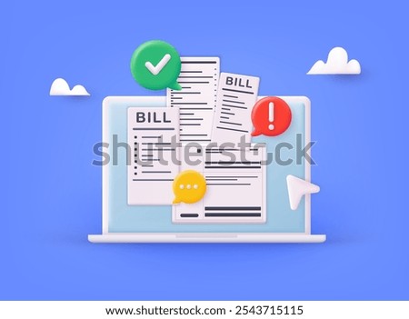 Pay bills and tax on computer. Payment of utility, bank, restaurant and other. 3D Web Vector Illustrations.