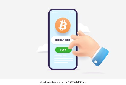 Pay With Bitcoin On Smartphone - Hand Paying With Crypto Currency App On Mobile Phone, Pushing Pay Button. 3d Vector Illustration.