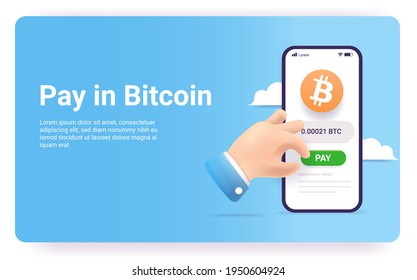 Pay In Bitcoin - Web Illustration Of Hand Paying With Crypto Currency On Mobile Phone. Vector Illustration Mockup.