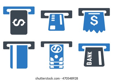 Pay Box vector icons. Icon style is bicolor smooth blue flat symbols with rounded angles on a white background.
