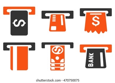 Pay Box vector icons. Pictogram style is bicolor orange and gray flat icons with rounded angles on a white background.
