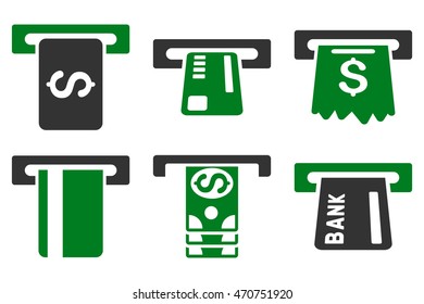 Pay Box vector icons. Pictogram style is bicolor green and gray flat icons with rounded angles on a white background.