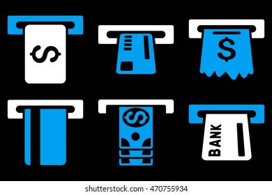 Pay Box vector icons. Pictogram style is bicolor blue and white flat icons with rounded angles on a black background.