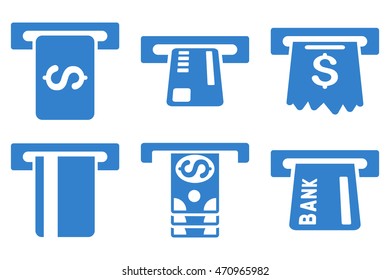 Pay Box vector icons. Pictogram style is cobalt flat icons with rounded angles on a white background.