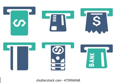 Pay Box vector icons. Pictogram style is bicolor cobalt and cyan flat icons with rounded angles on a white background.