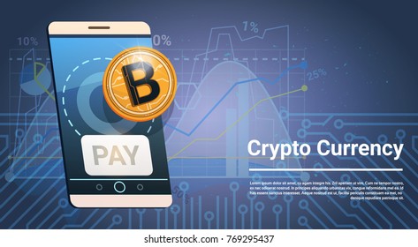 Pay Button On Smart Phone Golden Bitcoin Icon Digital Crypto Currency Modern Web Money Concept Vector Illustration