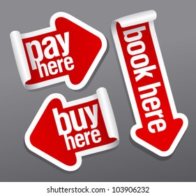 Pay, Buy, Book Here Stickers Set In Form Of Arrows.