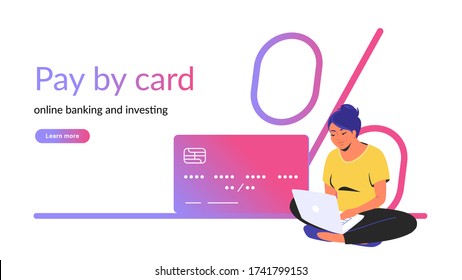 Pay by card for online banking and investing creative banner. Flat line vector illustration of woman sitting alone in lotus pose with laptop and credit card. Bank interest icon on white background