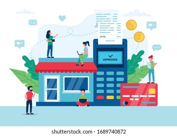 Pay by card, using POS terminal, shopping online concept. Small people characters. Vector illustration in flat style
