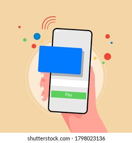 Paga con tarjeta a través de una cartera electrónica de forma inalámbrica en un smartphone. Nueva aplicación de banca móvil e ilustración vectorial de pago electrónico. Mano con la banca en línea de smartphone. Comprando por smartphone y tarjeta conectada.