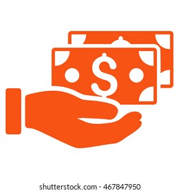 Pay by Cash icon. Vector style is flat iconic symbol with rounded angles, orange color, white background.
