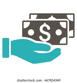 Pay by Cash icon. Vector style is bicolor flat iconic symbol with rounded angles, grey and cyan colors, white background.