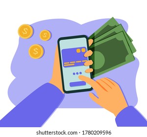 	
Pay by credit card via electronic wallet wirelessly on phone. New mobile banking app and e-payment vector illustration. Hand with smartphone online banking. Shopping by phone and connected card.