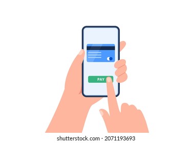 Pay by credit card via electronic wallet on a smartphone. Financial operations, transactions, investments, and payment concept. Vector flat illustration.