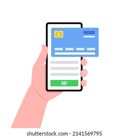 Pay by credit card via electronic wallet wirelessly on phone. Vector illustration.