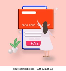 Pay by credit card via electronic wallet wirelessly on phone on peach color background. 3D Vector Illustrations.