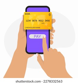 Pay by credit card via electronic wallet wirelessly on phone. New mobile banking app and e-payment. Hand with smartphone online banking. Shopping by phone and connected card. Vector illustration
