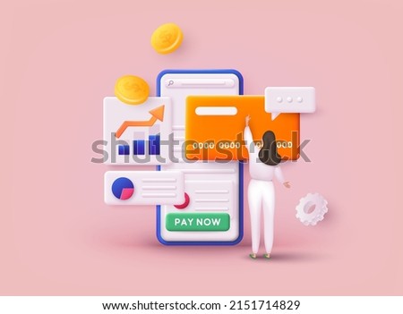Pay by credit card via electronic wallet wirelessly on phone. Payment of utility, bank, restaurant and other bill. 3D Vector Illustrations.