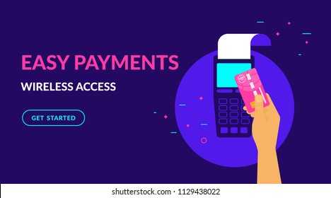 Pay By Credit Card Wirelessly And Easy Flat Vector Neon Illustration For Ui Ux Web Design With Text And Button. Illustration Of Wireless Mobile Payment By Credit Card Via POS Terminal.