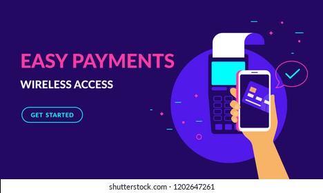 Pay By Credit Card In Your Mobile Wallet Wirelessly And Easy Flat Vector Neon Illustration For Web Banner. Illustration Of Wireless Mobile Payment By Phone Connected Credit Card Via POS Terminal.