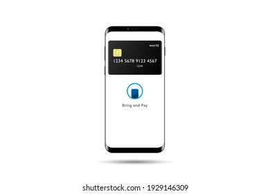 Pay by credit card in your mobile phone wallet wirelessly. Illustration of wireless mobile payment by phone connected credit card via POS terminal. E-payment vector illustration.