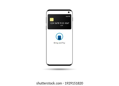 Pay by credit card in your mobile phone wallet wirelessly. Illustration of wireless mobile payment by phone connected credit card via POS terminal. E-payment vector illustration.