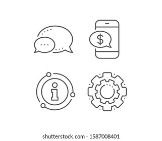 Pay by phone line icon. Chat bubble, info sign elements. Mobile payment sign. Finance symbol. Linear phone payment outline icon. Information bubble. Vector