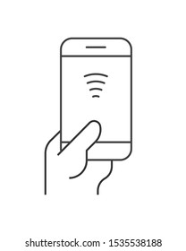 Pay by smartphone linear icon on white background