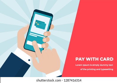 
Pay with Card Concept with Businessman Hand Holding a Smartphone with Credit Cards on a Shining Background. Suitable for Web banner, Infographics, Hero images. Flat Vector illustration 