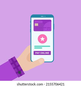 Pay with Card Design Concept with Businessman Hand Holding a Smartphone with Online Payment on Screen, Button, Headline and Description. Web banner, Infographics, Flat Vector illustration